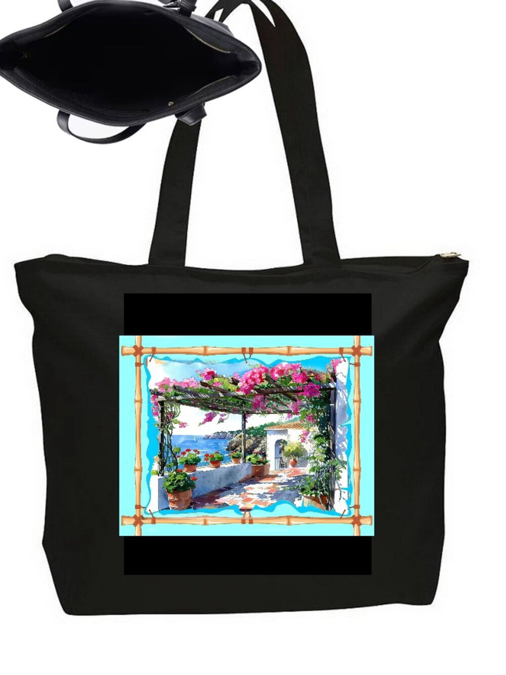 Mediterranean Ocean Greece Santorini LArge Tote Bag Satchel Floral Art Balcon